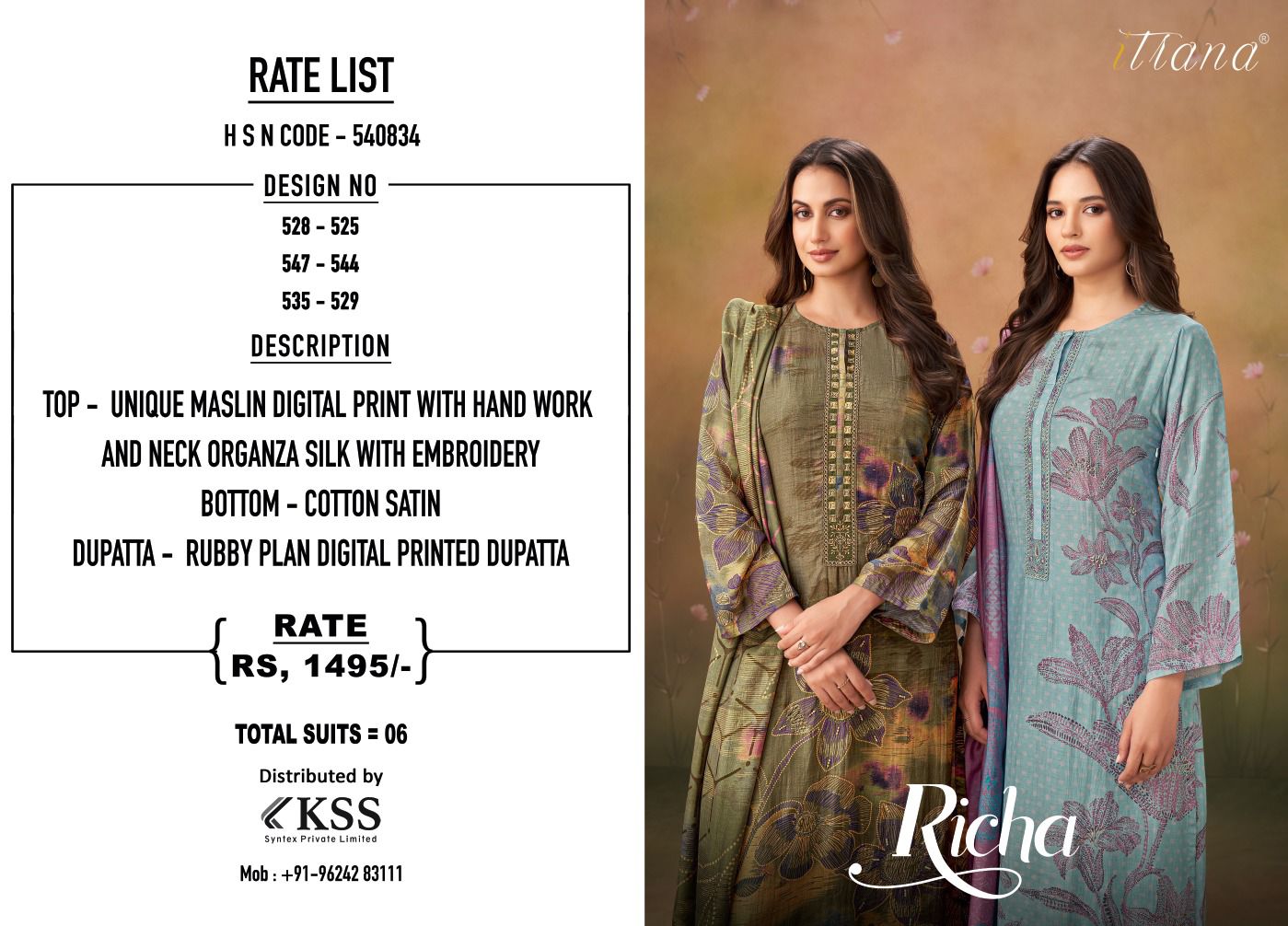 Richa By Sahiba Hand Work Muslin Digital Printed Dress Material Wholesale Price In Surat